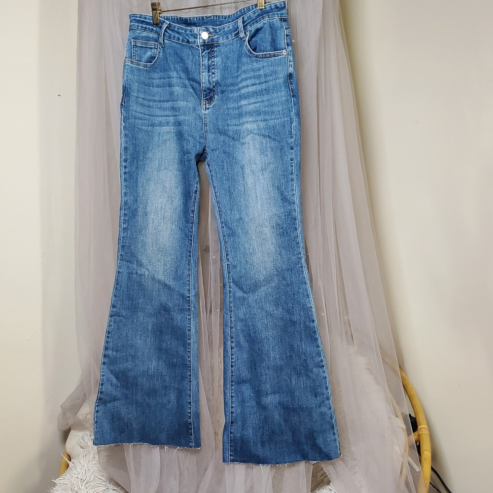 Commense Flare Jeans Blue Mid Wash Denim Retro Y2k 90s Stretch‎ Sz XL Fits 35x31